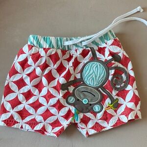 3/$15 Mud Pie Red and White Patterned Swim trunks with Monkey Design 12-18 mos